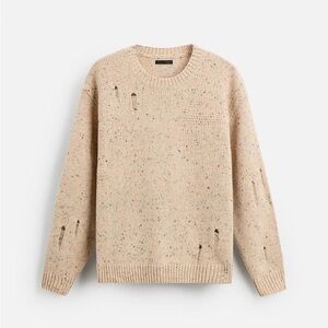 Zara Tan Crewneck Sweater with Distressed Detailing